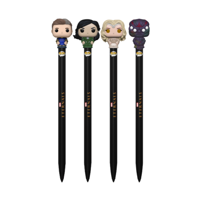 Conjunto de quatro canetas com tampas de personagens estilo Funko Pop