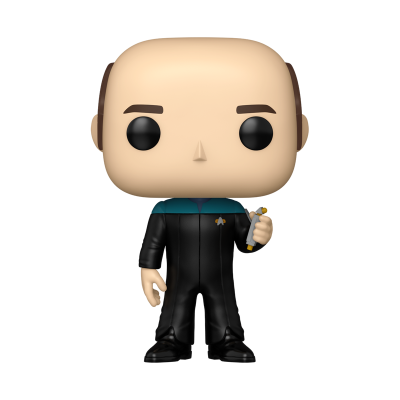 Funko Pop personagem careca com uniforme preto e azul segurando objeto
