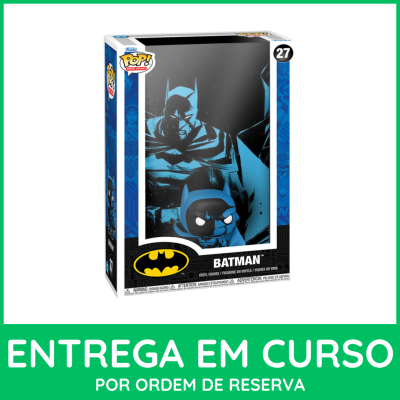 Funko Pop Batman número 27 em embalagem com fundo azul e preto em caixa transparente.