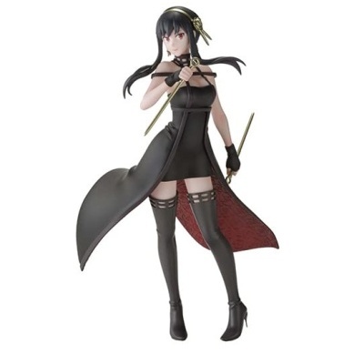 Figura colecionável anime feminina em vestido preto com meias longas e varinhas douradas