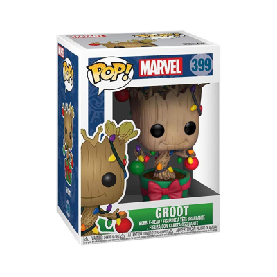 Figura Funko POP! Marvel Groot número 399 com luzes de Natal dentro de caixa