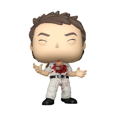 Figura Funko Pop com uniforme branco e monstro vermelho no peito