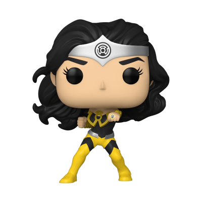 Boneca Funko Pop de personagem feminina com fato amarelo e preto e tiara prateada