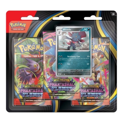 Pack de cartas Pokémon com três boosters Phantasmal Flames e carta Weavile