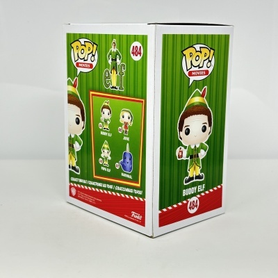 Caixa de Funko Pop! Buddy Elf número 484, brinquedo em caixa com fundo verde e vermelho