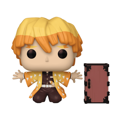 Figurinha Funko Pop com cabelo amarelo e laranja e roupa laranja com triângulos