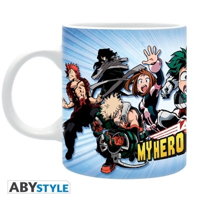Caneca branca com personagens do anime My Hero Academia e texto MY HERO