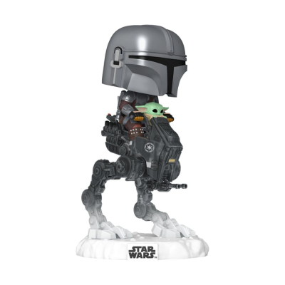 Figura colecionável The Mandalorian com Baby Yoda em veículo mecânico com base branca