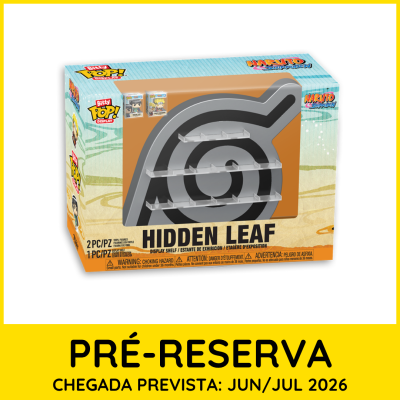 Prateleira de exposição Hidden Leaf com símbolo da folha e embalagem da série Naruto Shippuden