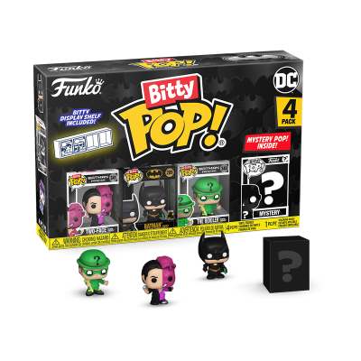 Caixa Funko Bitty Pop! 4 pack com figuras DC, incluindo Batman, Charada e duas surpresas