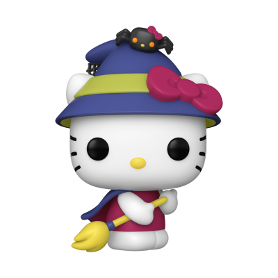 Figura colecionável da Hello Kitty em estilo Funko Pop com roupa de bruxa e vassoura