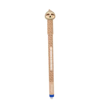 Caneta decorativa castanha com frase e cabeça de bicho preguiça no topo