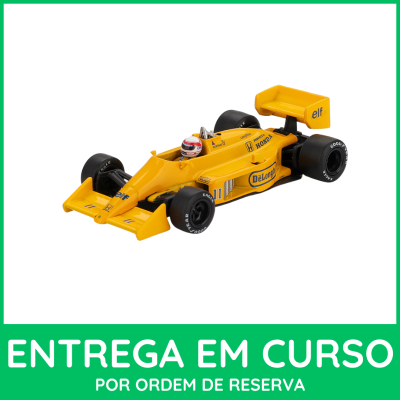 Miniatura de carro de Fórmula 1 amarela com patrocínios e pneus Goodyear.