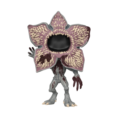 Figurina de monstro com corpo cinzento e cabeça em forma de flor cor-de-rosa com boca preta.