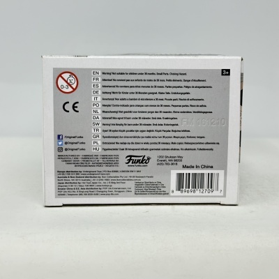 Caixa branca do produto Funko com texto de advertência multilingue e código de barras