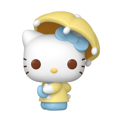 Figura colecionável Hello Kitty de plástico a segurar um guarda-chuva amarelo.