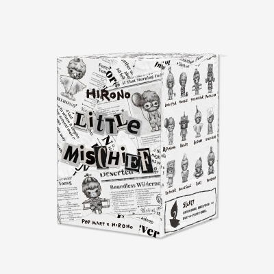 Embalagem de caixa de brinquedos colecionáveis com ilustrações de bonecos e textos em inglês.