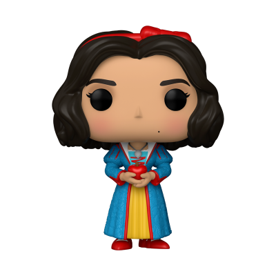 Boneco Funko Pop de personagem feminina com vestido azul e amarelo segurando uma maçã vermelha
