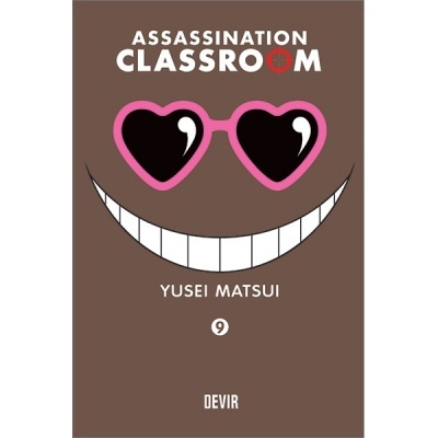 Capa do livro Assassination Classroom volume 9 com sorriso e óculos cor de rosa em fundo castanho