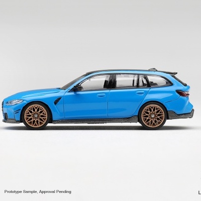 Miniatura de carro desportivo azul com jantes castanhas e detalhes em fibra de carbono