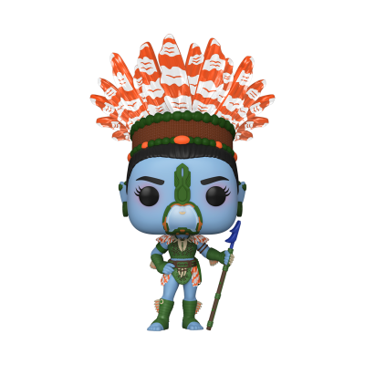 Figura Funko Pop com pele azul e grande headdress de penas laranja e branca