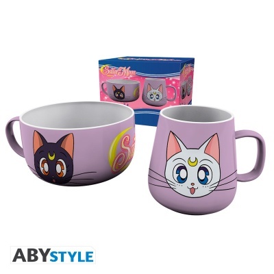 Conjunto de chávena e caneca lilás com gatos Luna e Artemis e caixa colorida Sailor Moon.