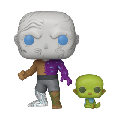 Figura Funko Pop dois personagens, uma grande com corpo dividido e uma pequena verde ao lado