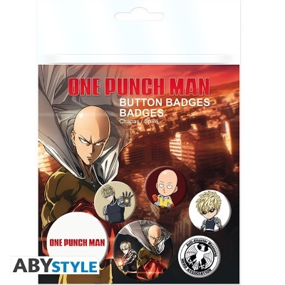 Conjunto de seis pins ONE PUNCH MAN em embalagem com imagem do personagem principal e textos