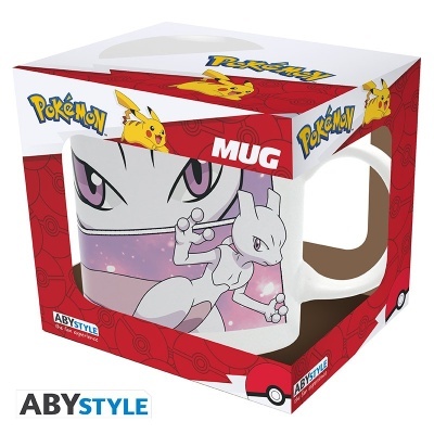 Caneca branca Mewtwo Pokémon em caixa colorida com logo ABYSTYLE