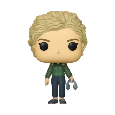 Estatueta Funko Pop de personagem com cabelo loiro encaracolado e jaqueta verde