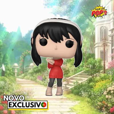 Figura Funko Pop feminina com cabelo preto, camisola vermelha e calças pretas num jardim