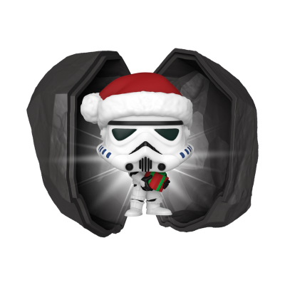 Figura Funko Pop Stormtrooper com chapéu de Pai Natal e presente dentro de cápsula preta aberta