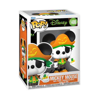 Figura Funko Pop! Mickey Mouse com rosto de caveira e chapéu de abóbora na embalagem