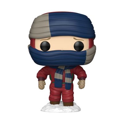 Figura Funko Pop com roupa vermelha, cachecol e gorro azuis e cinzentos