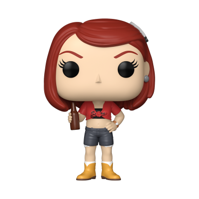 Figura Funko Pop de mulher com cabelo ruivo e roupa vermelha e cinzenta