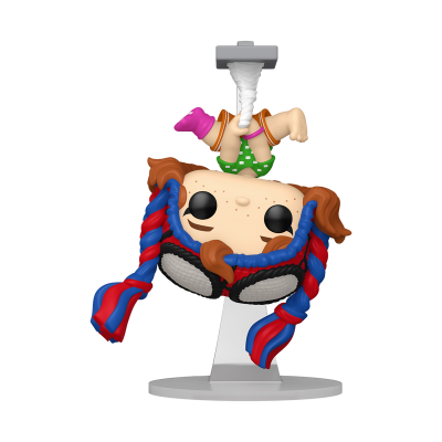 Boneco Funko Pop com cabelo castanho e roupa azul e vermelha suspenso de cabeça para baixo