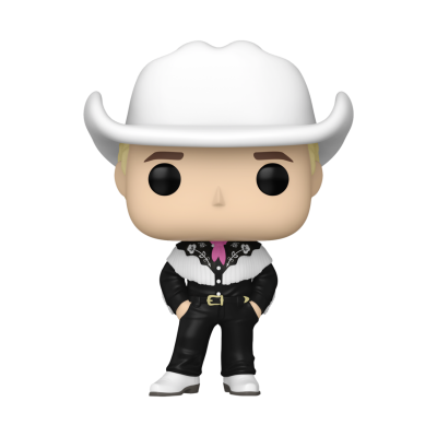 Funko Pop com chapéu de cowboy branco e roupa preta com detalhes em branco e rosa