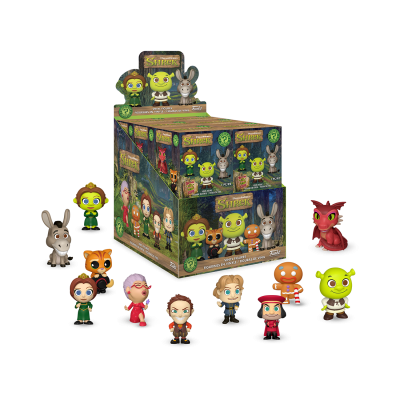 Figuras de vinil de personagens do filme Shrek com caixa de coleção decorada
