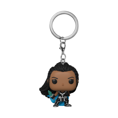 Chaveiro Funko Pop com figura estilizada roupa preta e azul segurando objeto azul