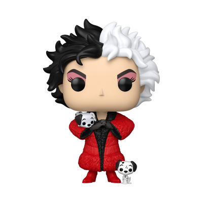 Figura Funko Pop de vinil com casaco vermelho e dois cachorros dálmatas pequenos