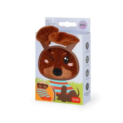 Meias de criança antiderrapantes com padrão de cão e orelhas 3D castanhas numa caixa branca
