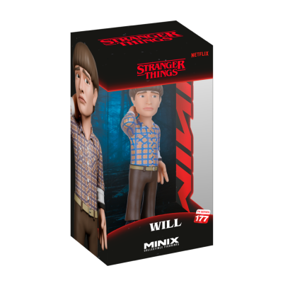 Figura colecionável Will da série Stranger Things em caixa preta com textos vermelhos e brancos.