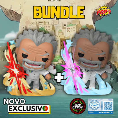 Funko Pop bundle de duas figuras com efeitos coloridos e fundo de cidade