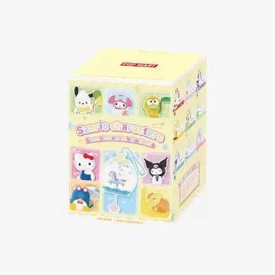 Caixa amarela Pop Mart com personagens Sanrio e texto colorido
