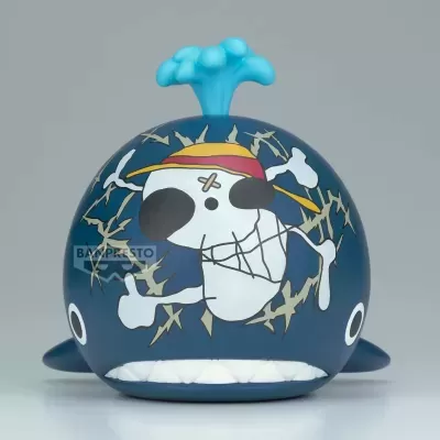 Figura colecionável de baleia azul com desenho de caveira e texto BAYPRESTO