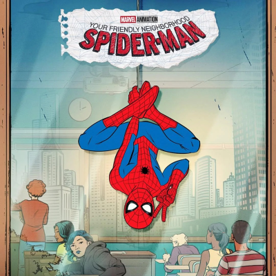 Desenho de Spider-Man pendurado de cabeça para baixo com texto promocional na parte superior.