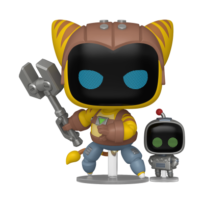Duas figuras Funko Pop em vinil, uma maior amarela e castanha segurando arma, e uma pequena robô cinza.