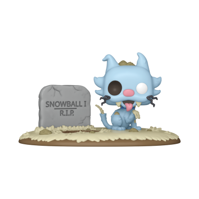 Figura POP Funko de gato azul ao lado de campa cinzenta com texto SNOWBALL I R.I.P.