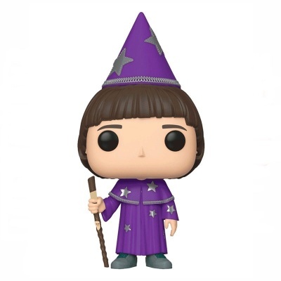 Boneco Funko Pop de feiticeiro roxo com estrelas prateadas e cajado