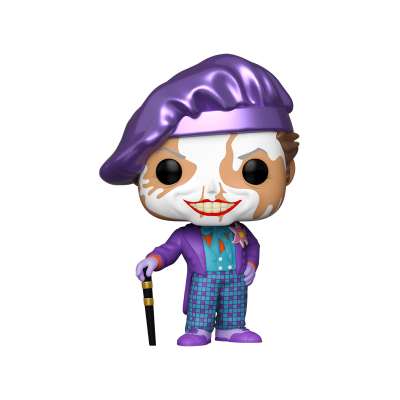 Figura colecionável Funko Pop com chapéu roxo e fato azul xadrez